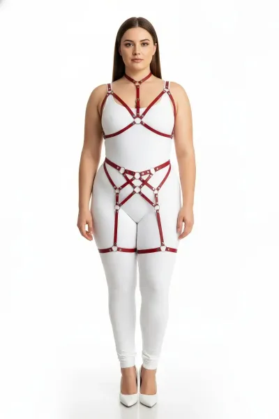 Büyük Beden Kırmızı Kadın Deri Fantazi Harness Takım Jartiyerli - APFT507