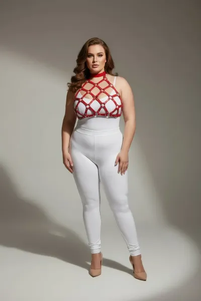 Büyük Beden Kırmızı Kadın Deri Harness Takım Çivi Detaylı Şık Aksesuar - APFT443