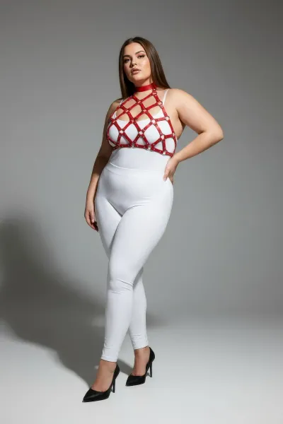 Büyük Beden Kırmızı Kadın Deri Harness Takım Çivi Detaylı Şık Aksesuar - APFT443