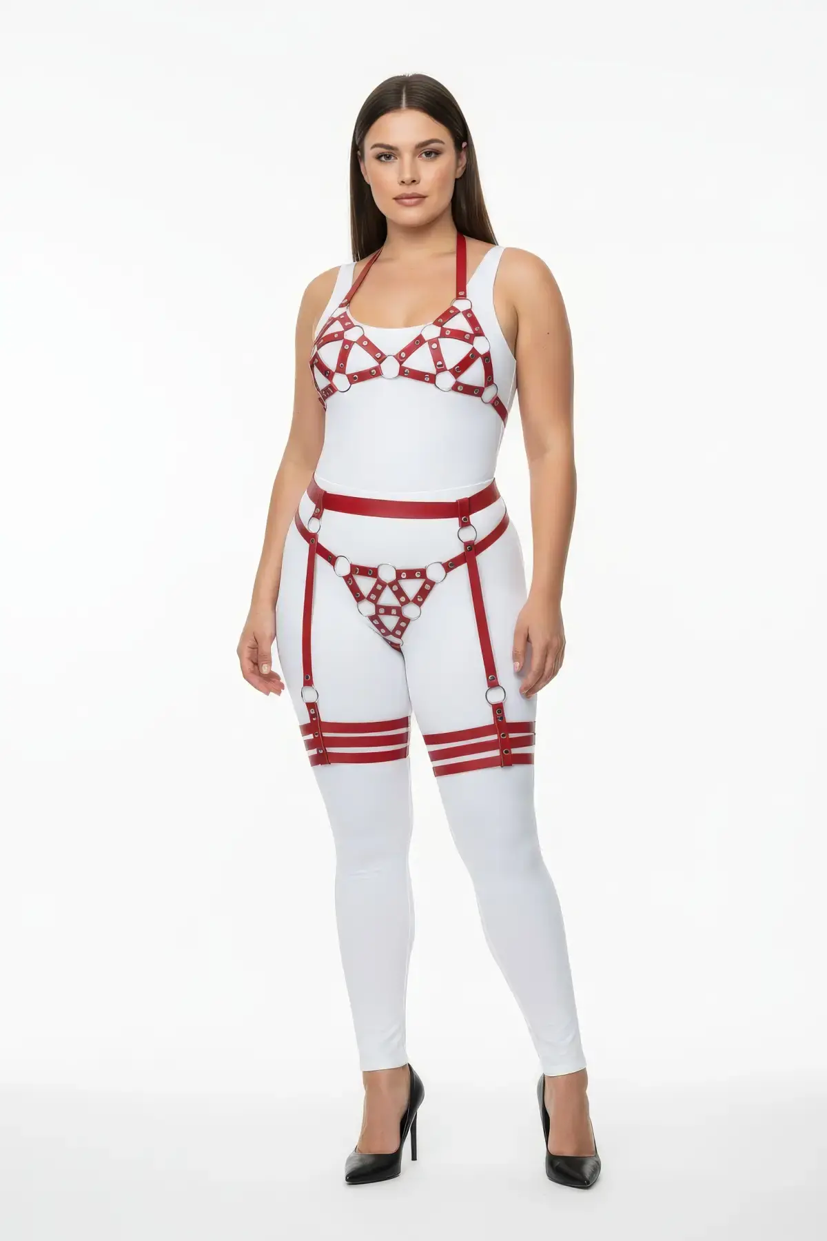 Büyük Beden Kırmızı Kadın Deri Harness Takım Halka Detaylı Jartiyerli Fantezi Aksesuar - APFT530