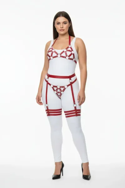 Büyük Beden Kırmızı Kadın Deri Harness Takım Halka Detaylı Jartiyerli Fantezi Aksesuar - APFT530