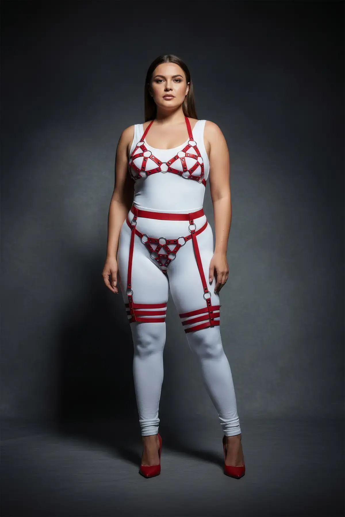 Büyük Beden Kırmızı Kadın Deri Harness Takım Halka Detaylı Jartiyerli Fantezi Aksesuar - APFT530