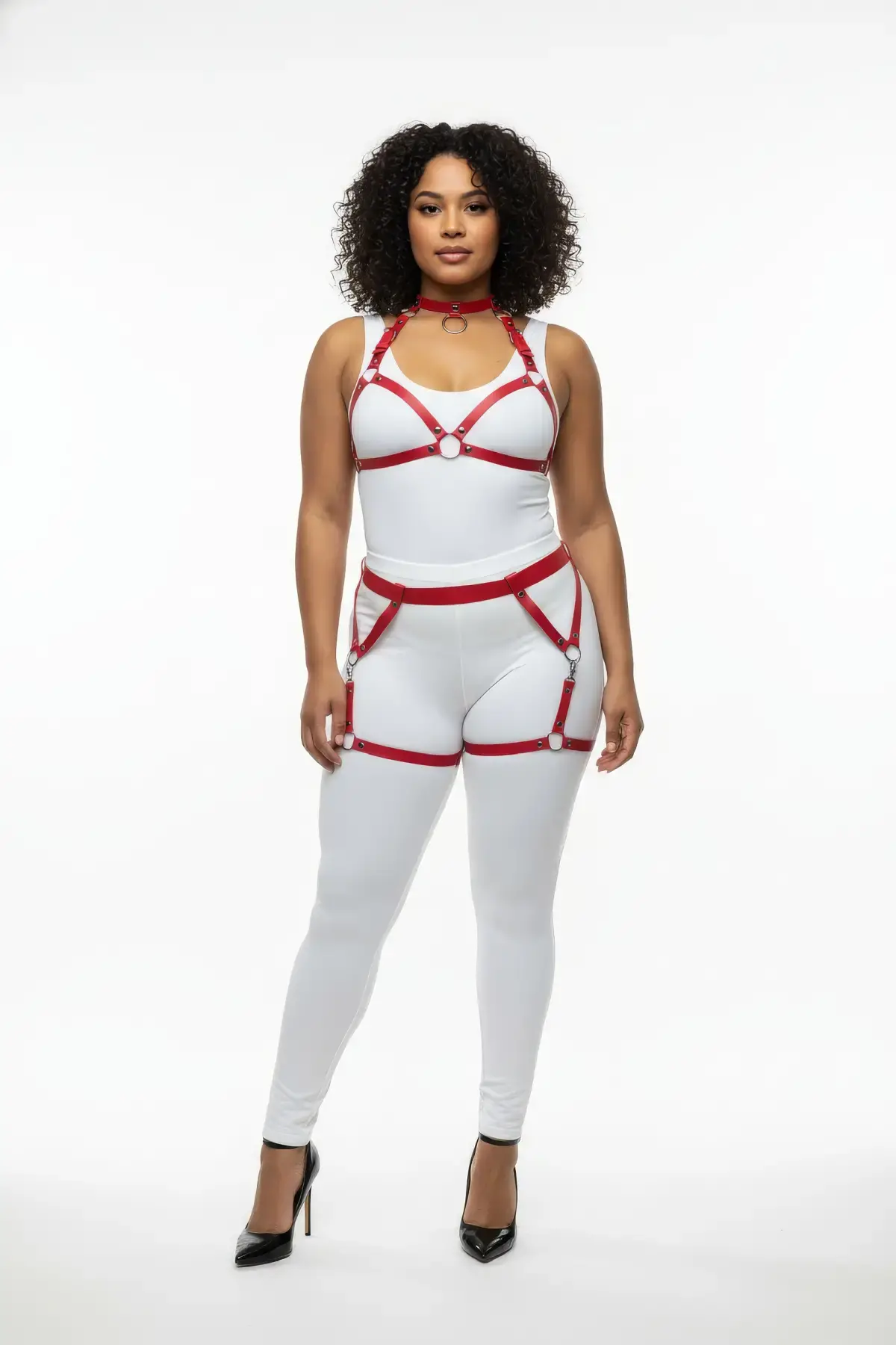 Büyük Beden Kırmızı Kadın Deri Harness Takım Jartiyerli Halka Detaylı - APFT478