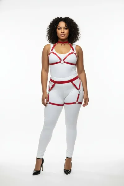 Büyük Beden Kırmızı Kadın Deri Harness Takım Jartiyerli Halka Detaylı - APFT478