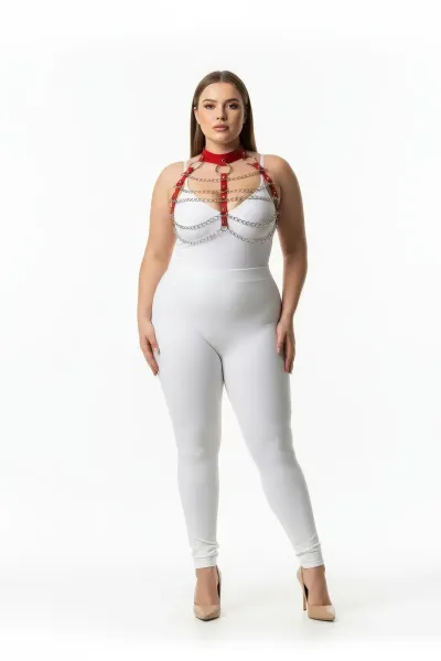 Büyük Beden Kırmızı Kadın Deri Harness Takım Zincir Detaylı Şık Aksesuar - APFT1285