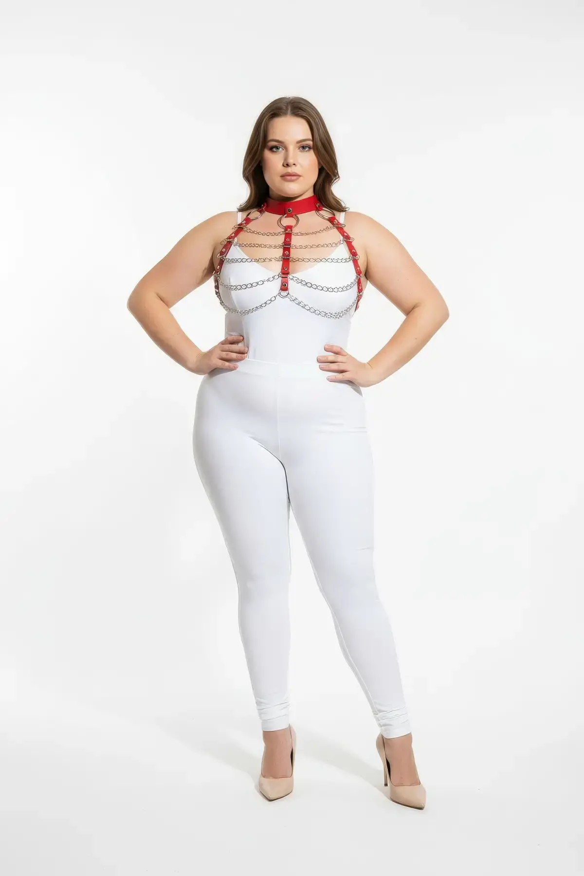 Büyük Beden Kırmızı Kadın Deri Harness Takım Zincir Detaylı Şık Aksesuar - APFT1285