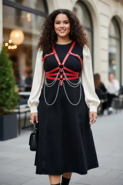 Büyük Beden Kırmızı Kadın Kemer Deri Harness Zincir Detaylı Vücut Aksesuarı - APFT9