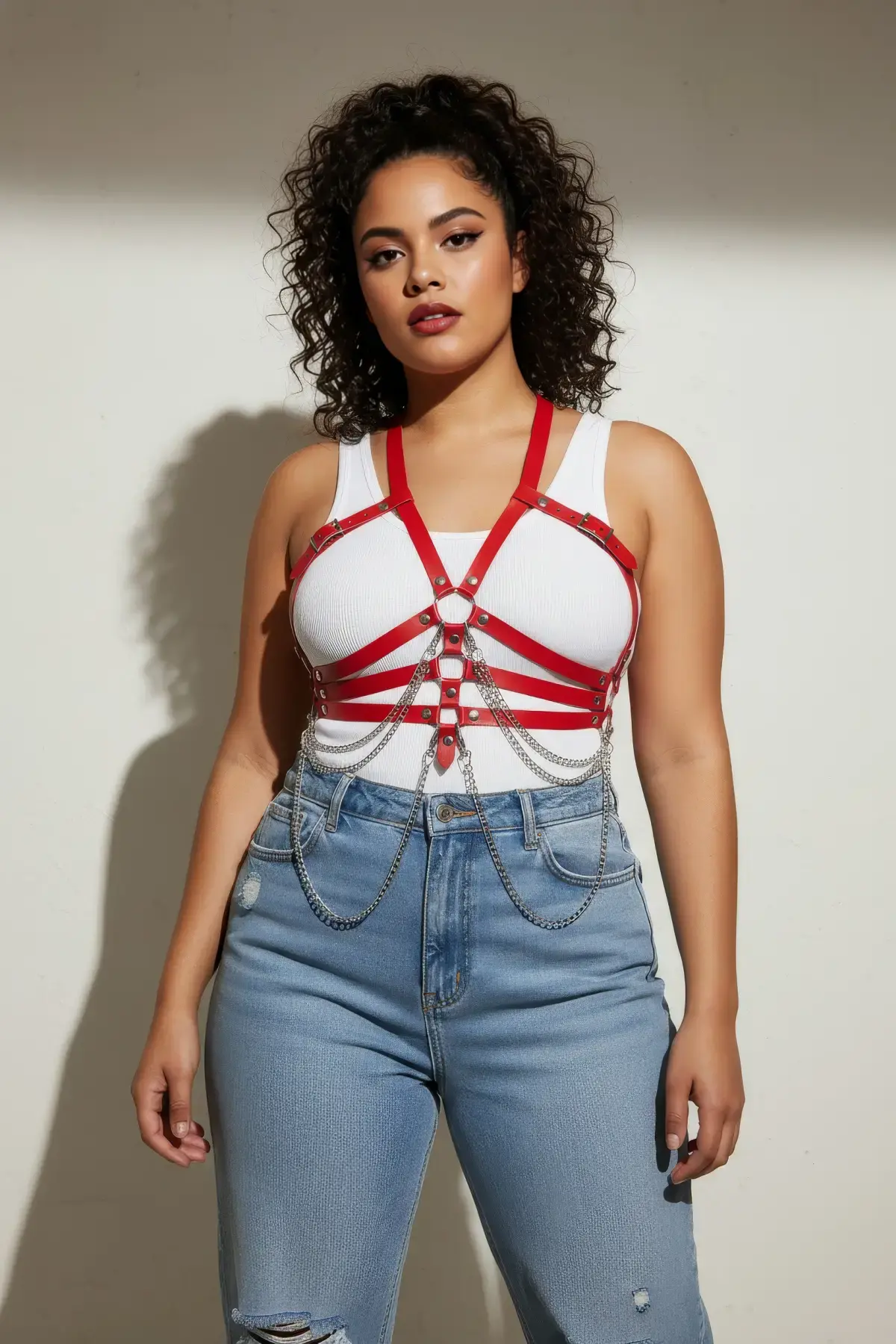 Büyük Beden Kırmızı Kadın Kemer Deri Harness Zincir Detaylı Vücut Aksesuarı - APFT9