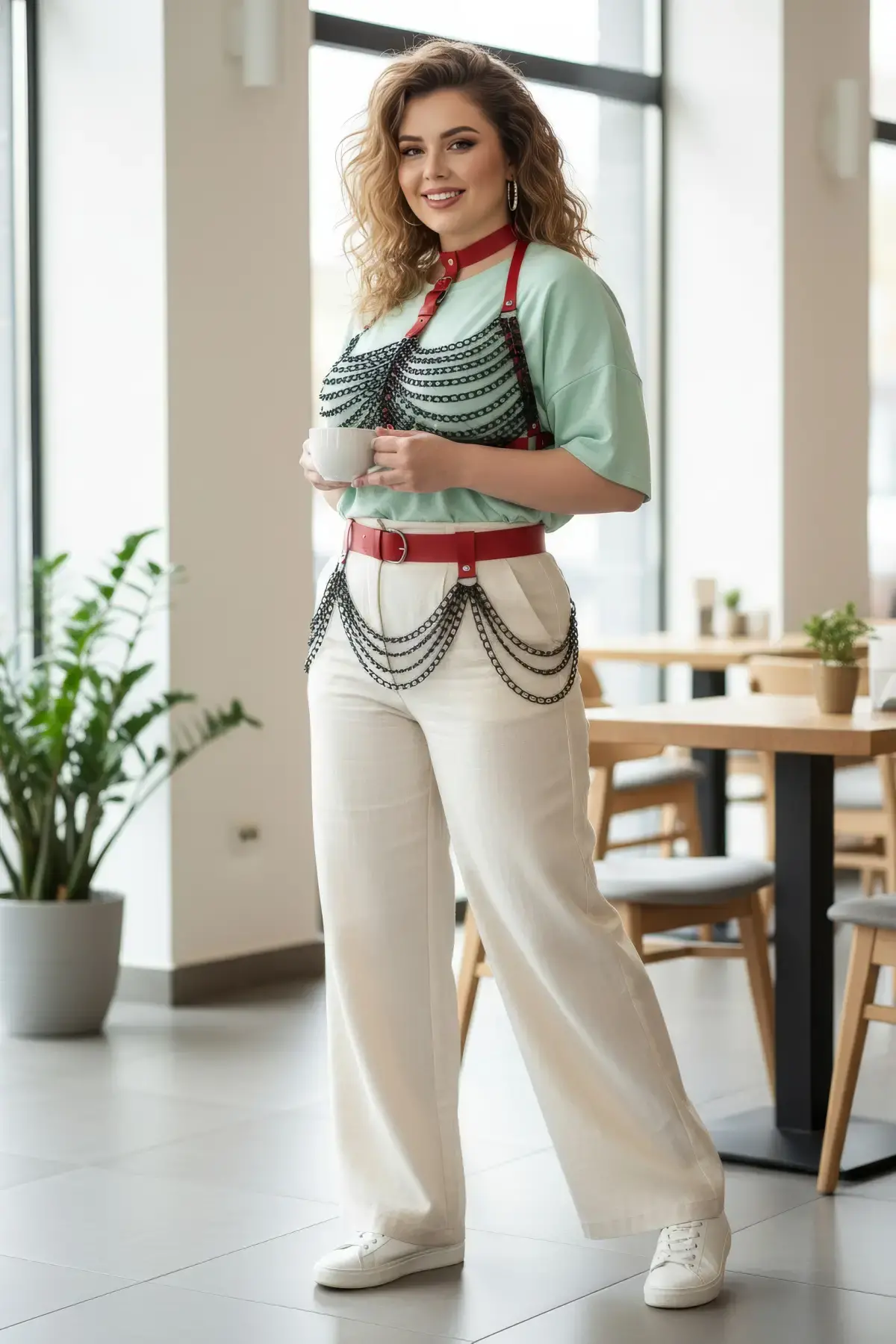 Büyük Beden Kırmızı Kadın Kemer Zincir Detaylı Deri Vücut Aksesuarı - APFT438