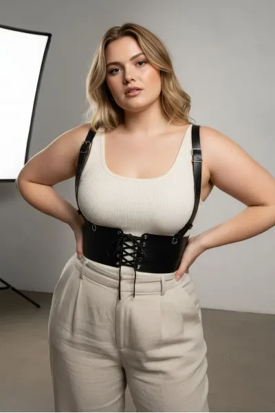 Büyük Beden Siyah Kadın Deri Kemer Omuz Askılı Bağcıklı Korse - APFT1429