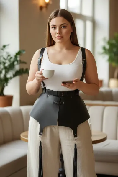 Büyük Beden Siyah Kadın Deri Korse Kemer, Omuz Askılı ve Püskül Detaylı - APFT787