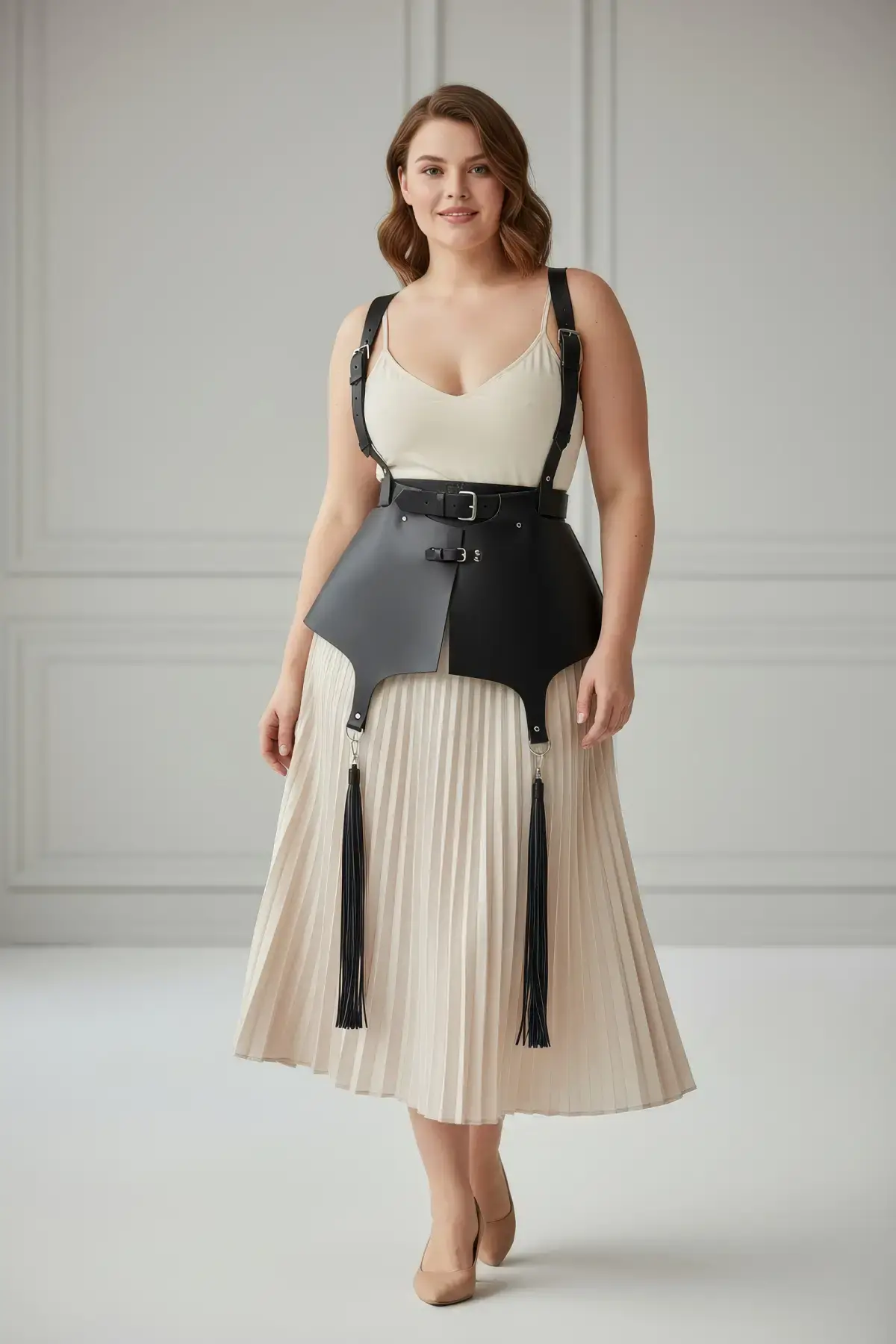 Büyük Beden Siyah Kadın Deri Korse Kemer, Omuz Askılı ve Püskül Detaylı - APFT787