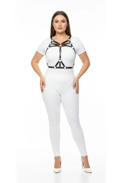 Büyük Beden Siyah Kadın Harness Takım Halka Detaylı Seksi Vücut Aksesuarı - APFT1053