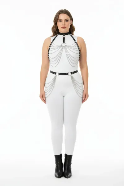 Büyük Beden Siyah Kadın Harness Takım Zincir Detaylı Deri Fantezi Aksesuarı - APFT701