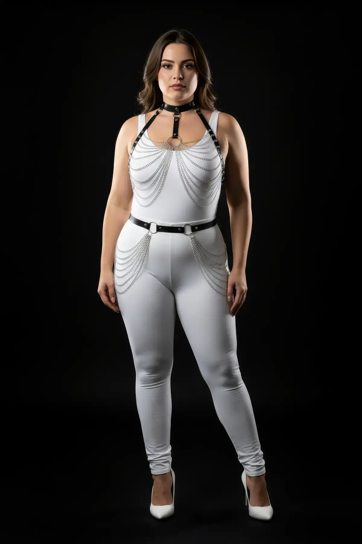 Büyük Beden Siyah Kadın Harness Takım Zincir Detaylı Deri Fantezi Aksesuarı - APFT701