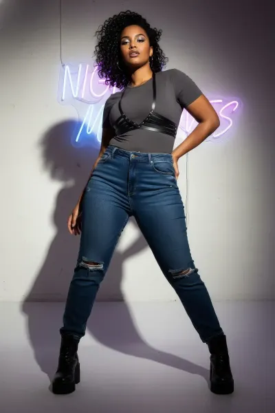 Büyük Beden Siyah Kadın Kemer Harness Stili Korse Görünümlü Deri Vücut Aksesuarı - APFT199