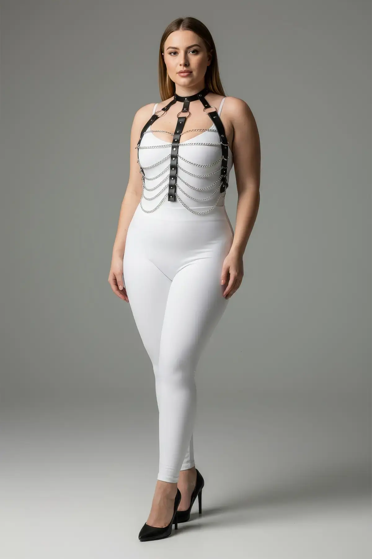 Büyük Beden Siyah Kadın Zincir Detaylı Deri Harness Takım Fantezi Aksesuar - APFT304