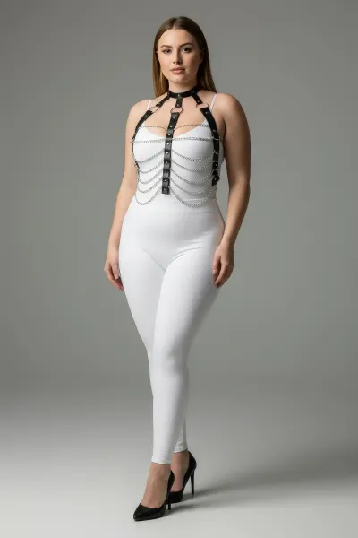 Büyük Beden Siyah Kadın Zincir Detaylı Deri Harness Takım Fantezi Aksesuar - APFT304