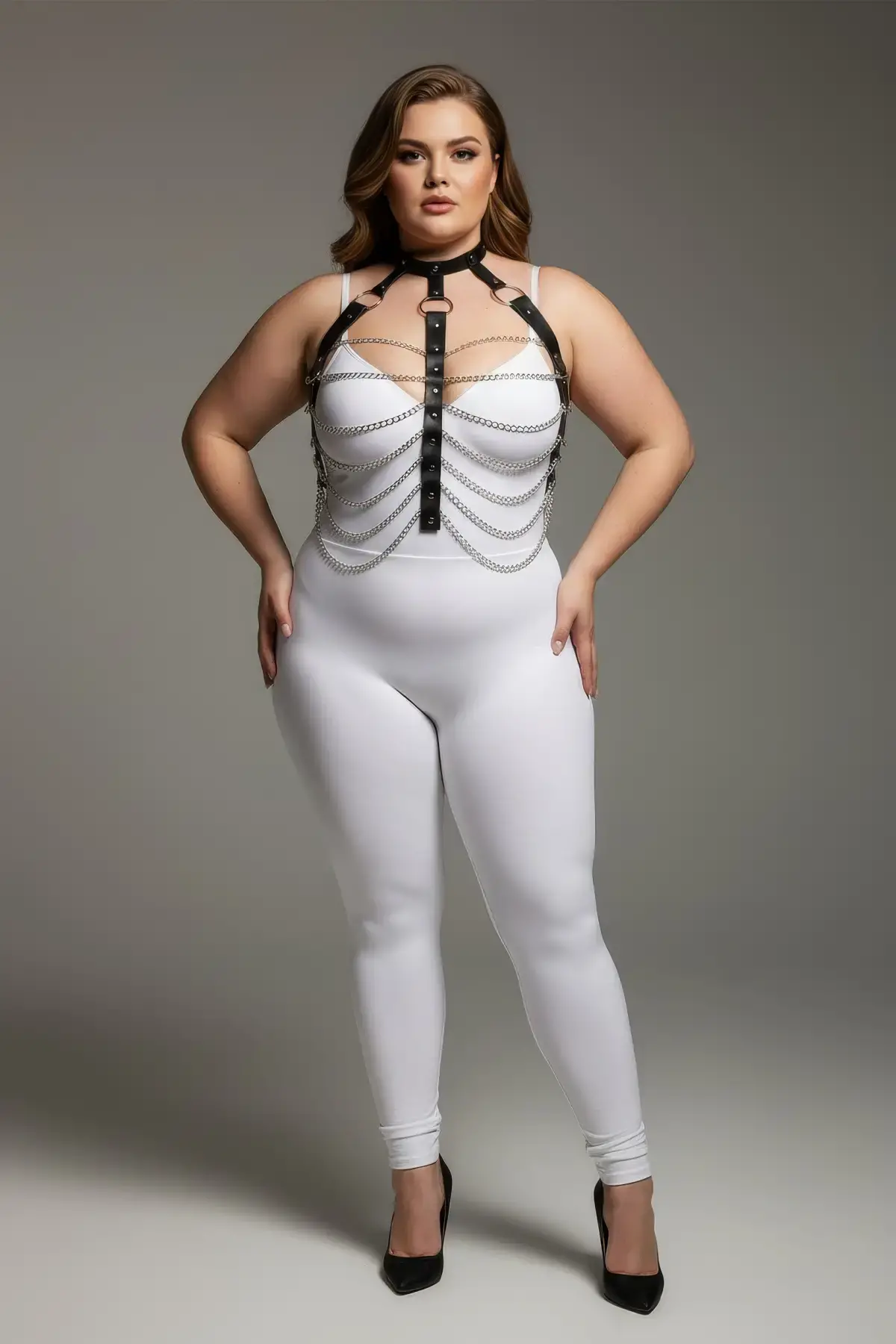 Büyük Beden Siyah Kadın Zincir Detaylı Deri Harness Takım Fantezi Aksesuar - APFT304