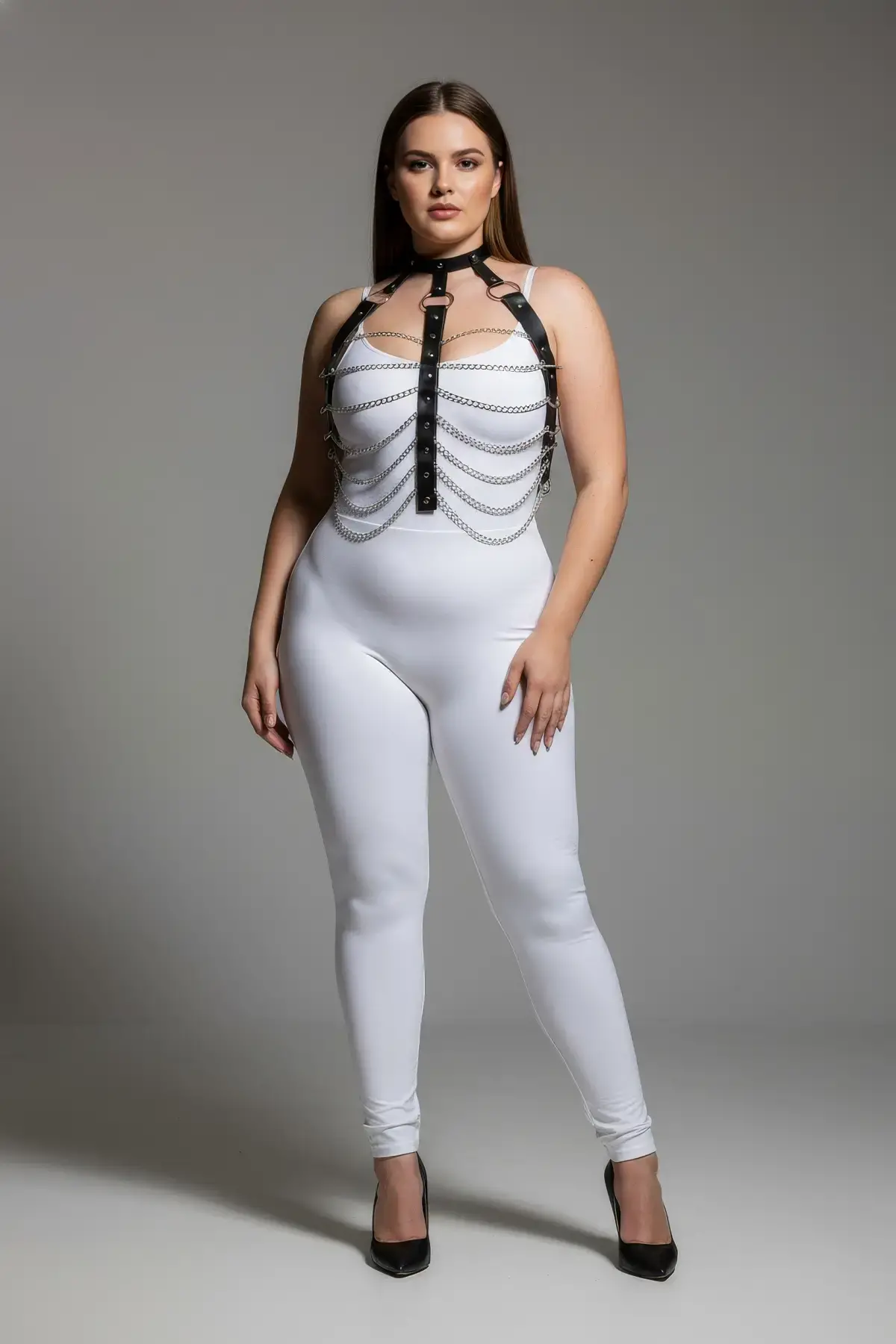 Büyük Beden Siyah Kadın Zincir Detaylı Deri Harness Takım Fantezi Aksesuar - APFT304
