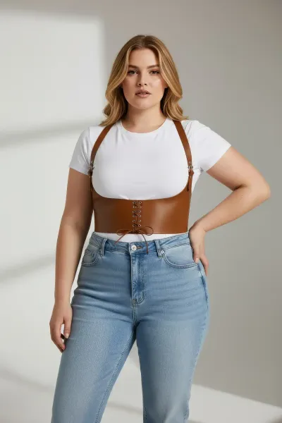 Büyük Beden Taba Kadın Deri Kemer Omuz Askılı Bağcıklı Korse Tasarım - APFT855