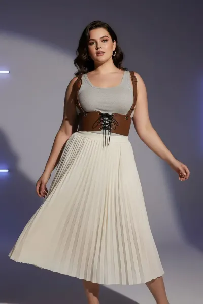 Büyük Beden Taba Kadın Korse Kemer Omuz Askılı Bağcık Detaylı - APFT1429