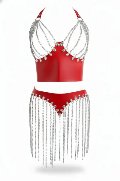 Kırmızı Etek Parlak Deri Zincir Saçaklı Mini Etek - APFT994