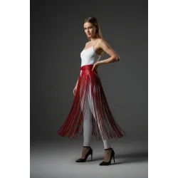 Kırmızı Etek Uzun Püskül Detaylı Etek Suni Deri Etek - APFT1003