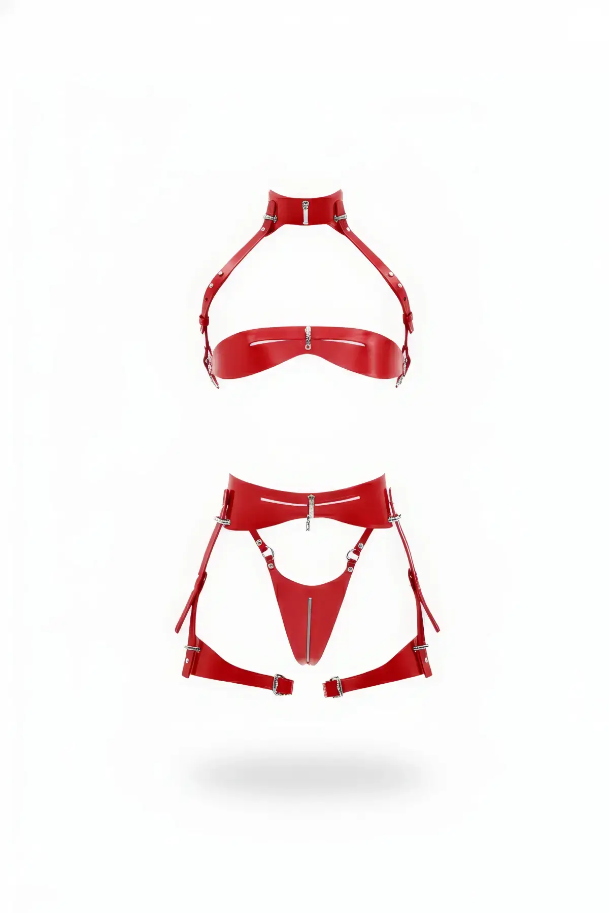 Kırmızı Jartiyer Harness Parlak Deri Fermuarlı Takım - APFT1373