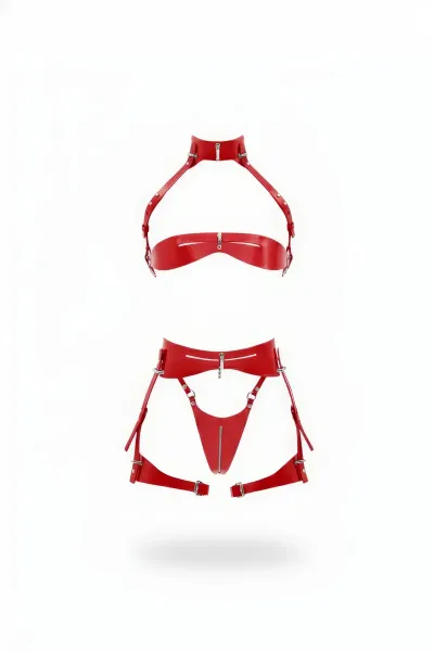 Kırmızı Jartiyer Harness Parlak Deri Fermuarlı Takım - APFT1373