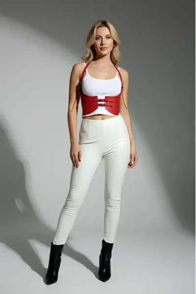 Kırmızı Renk Kalın Kadın Kemeri, Elbise Kemeri, Şık Deri Kemer, Deri Kemer Harness - APFT605