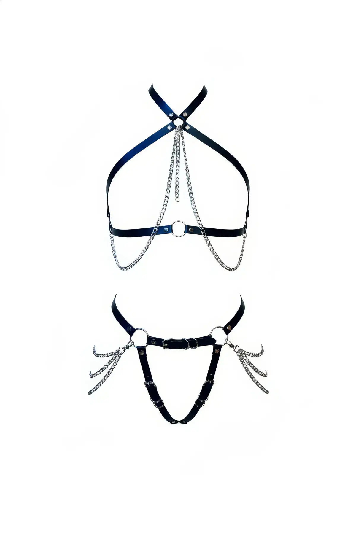 Siyah Harness Takım Zincir Detaylı Deri Vücut Kemeri - APFT1084